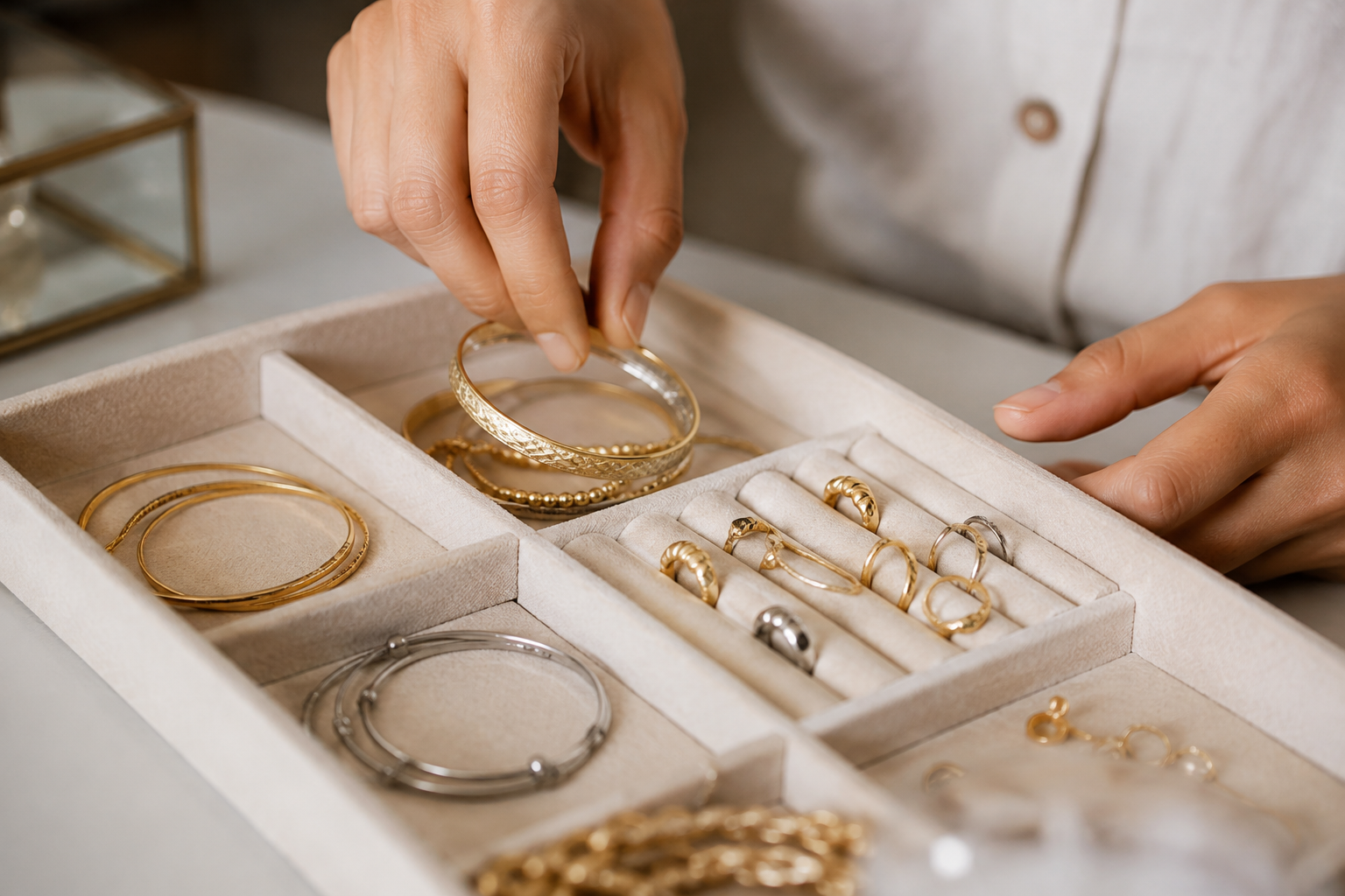 Pulseras y anillos organizados en una bandeja clara de joyería