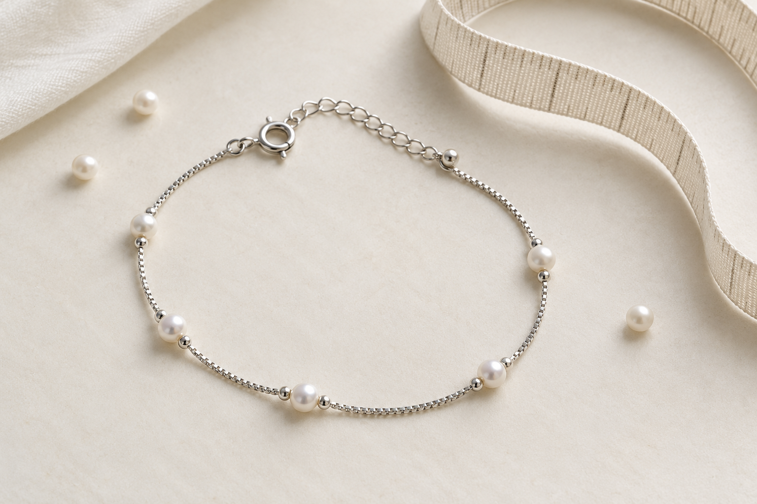 Pulsera veneciana con perlas junto a una cinta para medir el largo