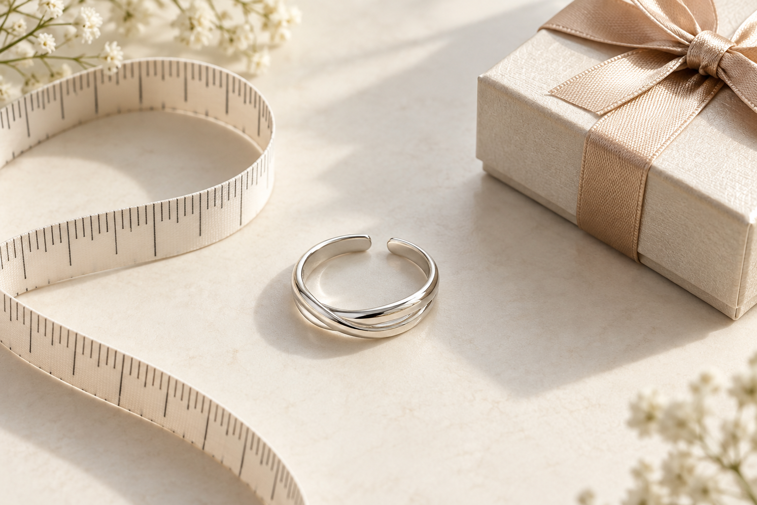 Anillo abierto ajustable junto a una cinta métrica y una caja de regalo neutra