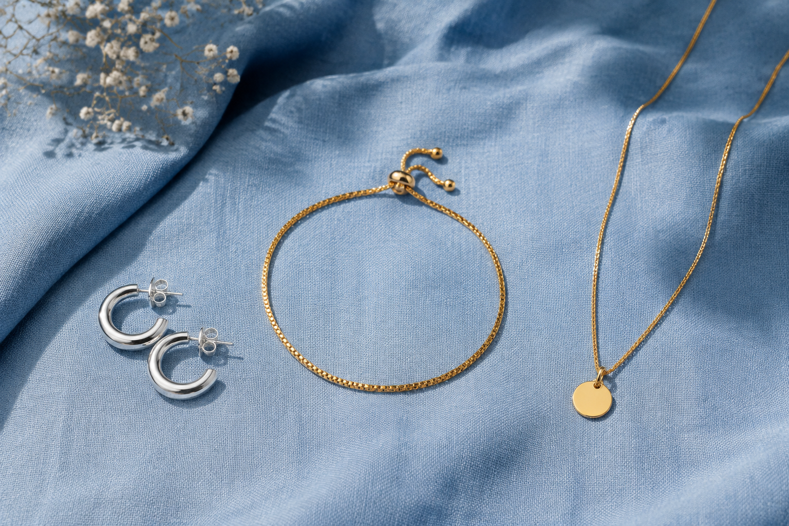Aros plateados, pulsera dorada ajustable y collar con dije sobre una tela azul