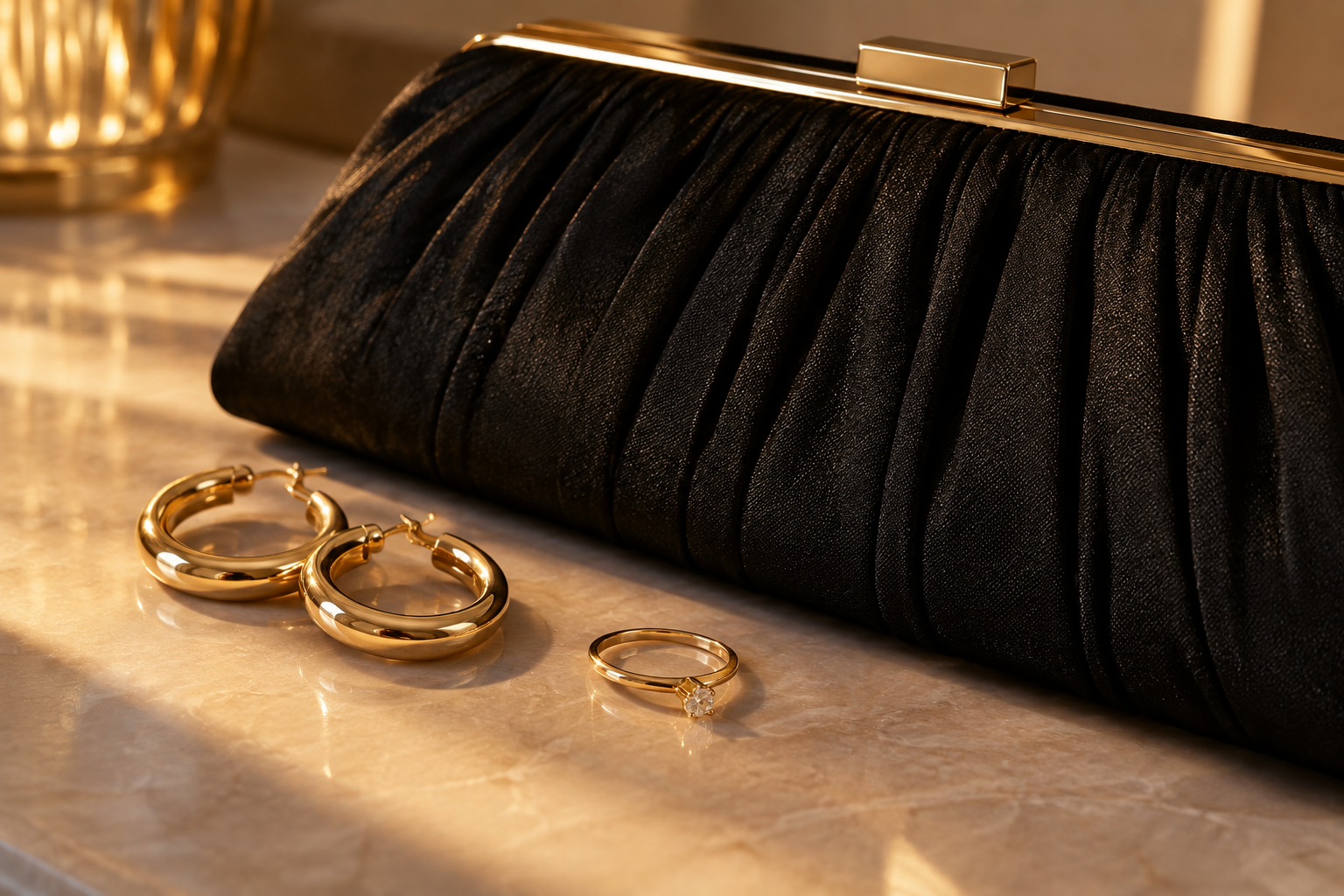 Aros y anillo dorados junto a un clutch negro de noche