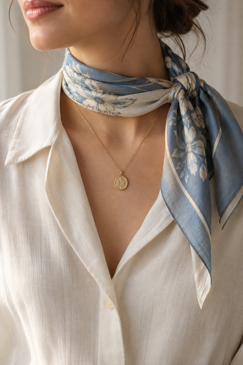 Collar delicado combinado con un pañuelo azul anudado al cuello