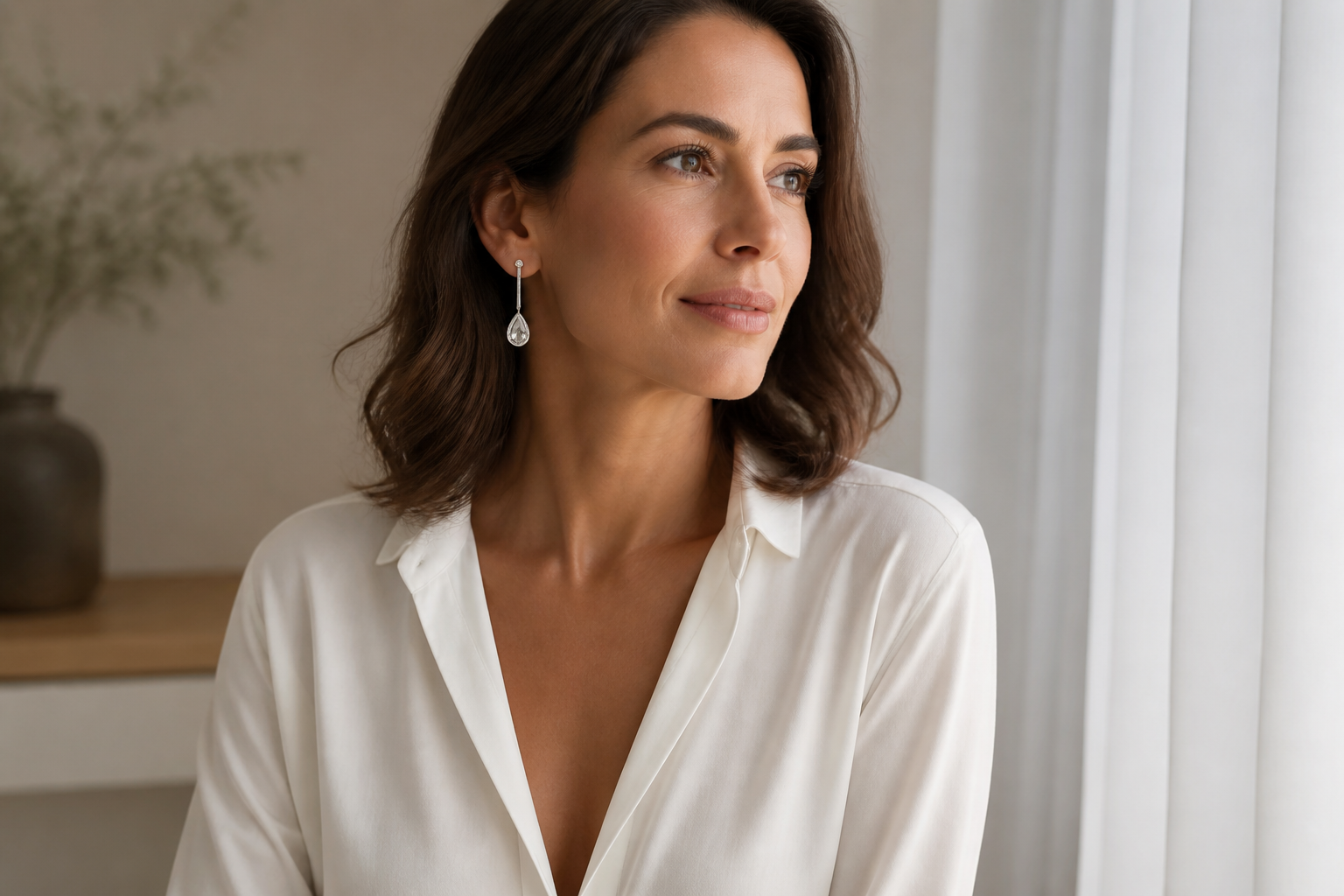 Mujer con blusa blanca y aros plateados largos