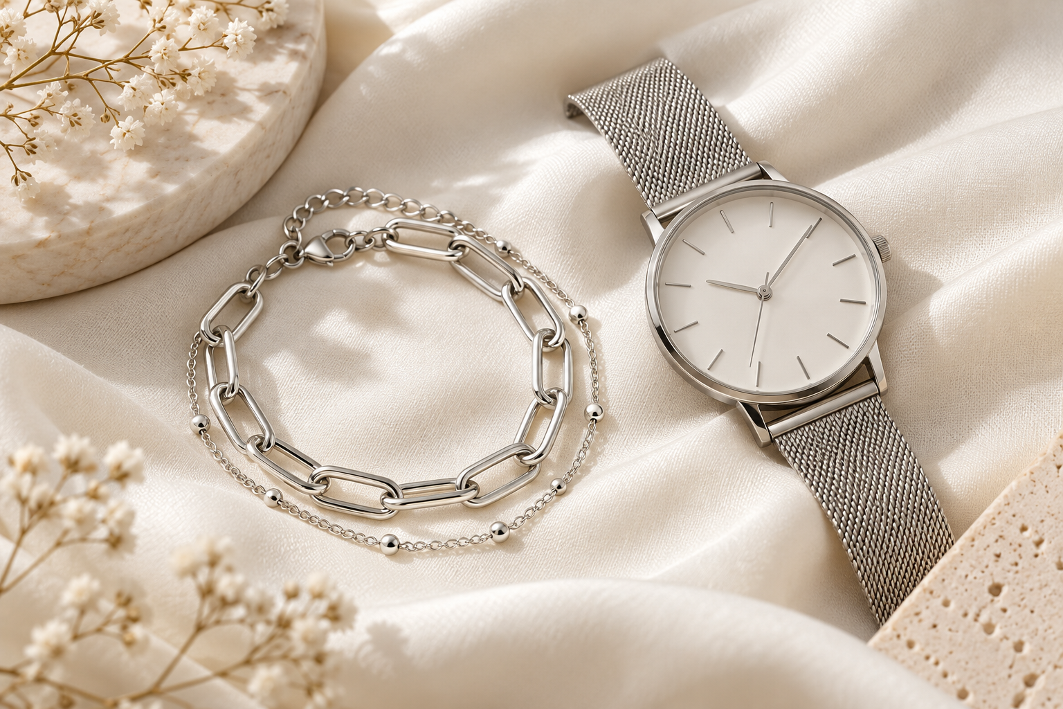 Pulsera de eslabones combinada con una cadena fina y un reloj