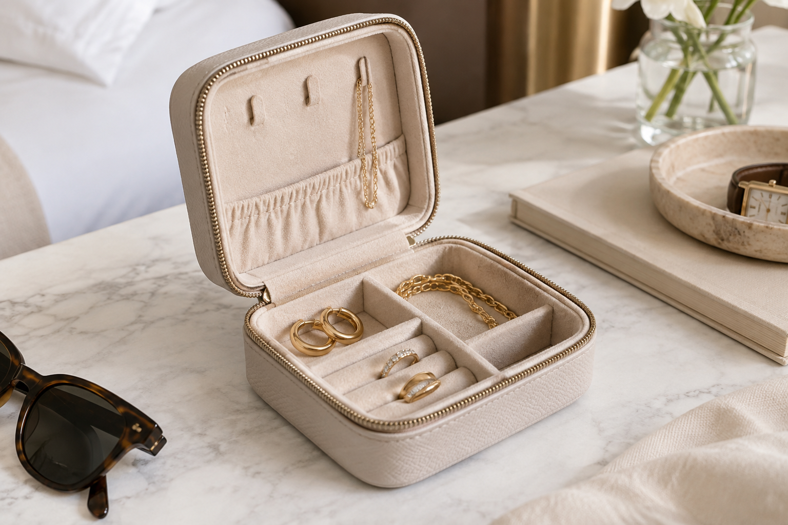 Estuche de viaje con joyas organizadas para una escapada
