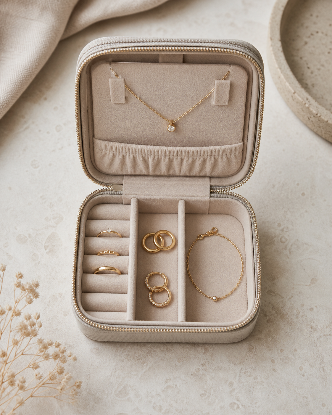 Estuche de viaje con compartimentos para collar, anillos, aros y pulsera delicada