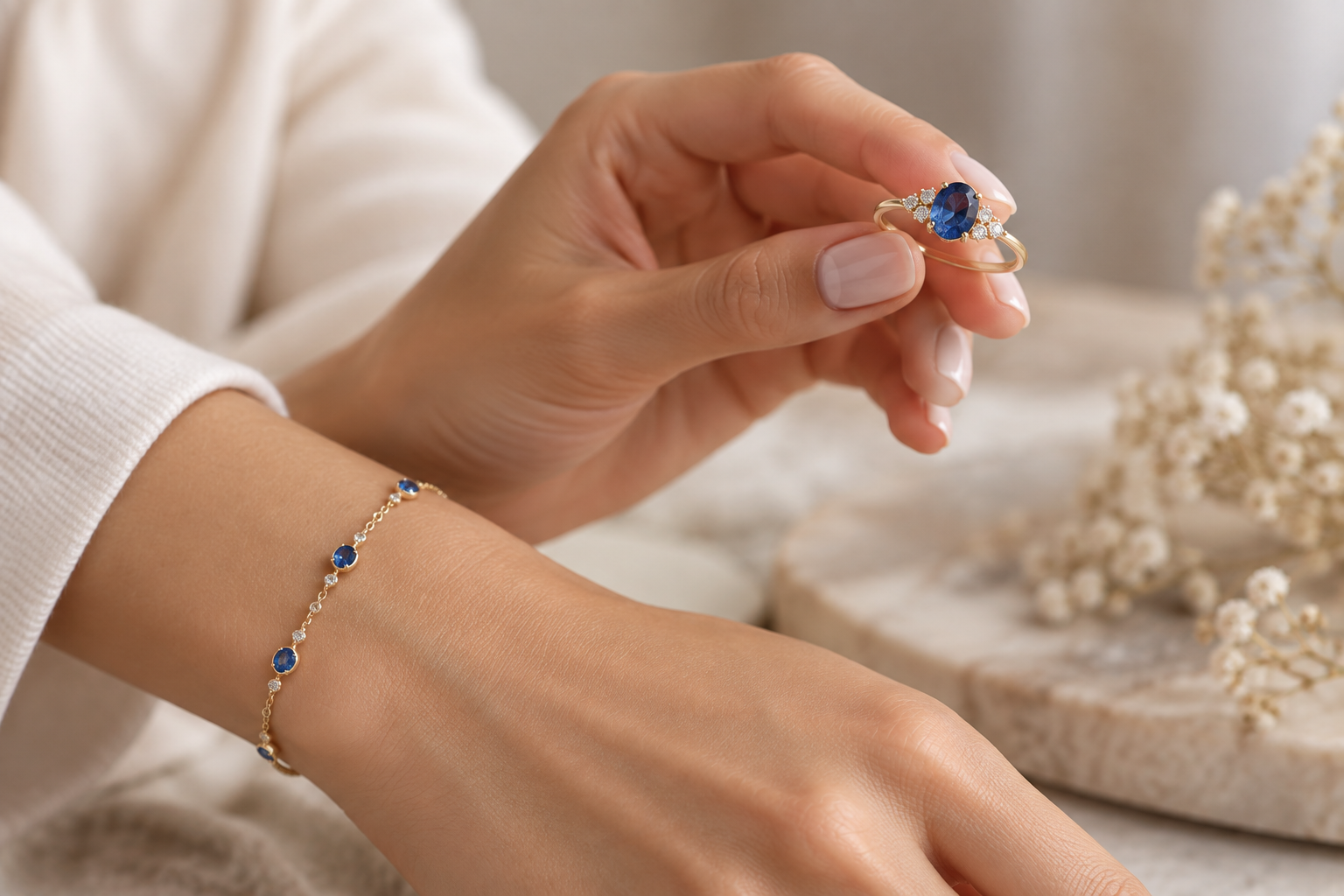 Mano con anillo de piedra azul y pulsera delicada