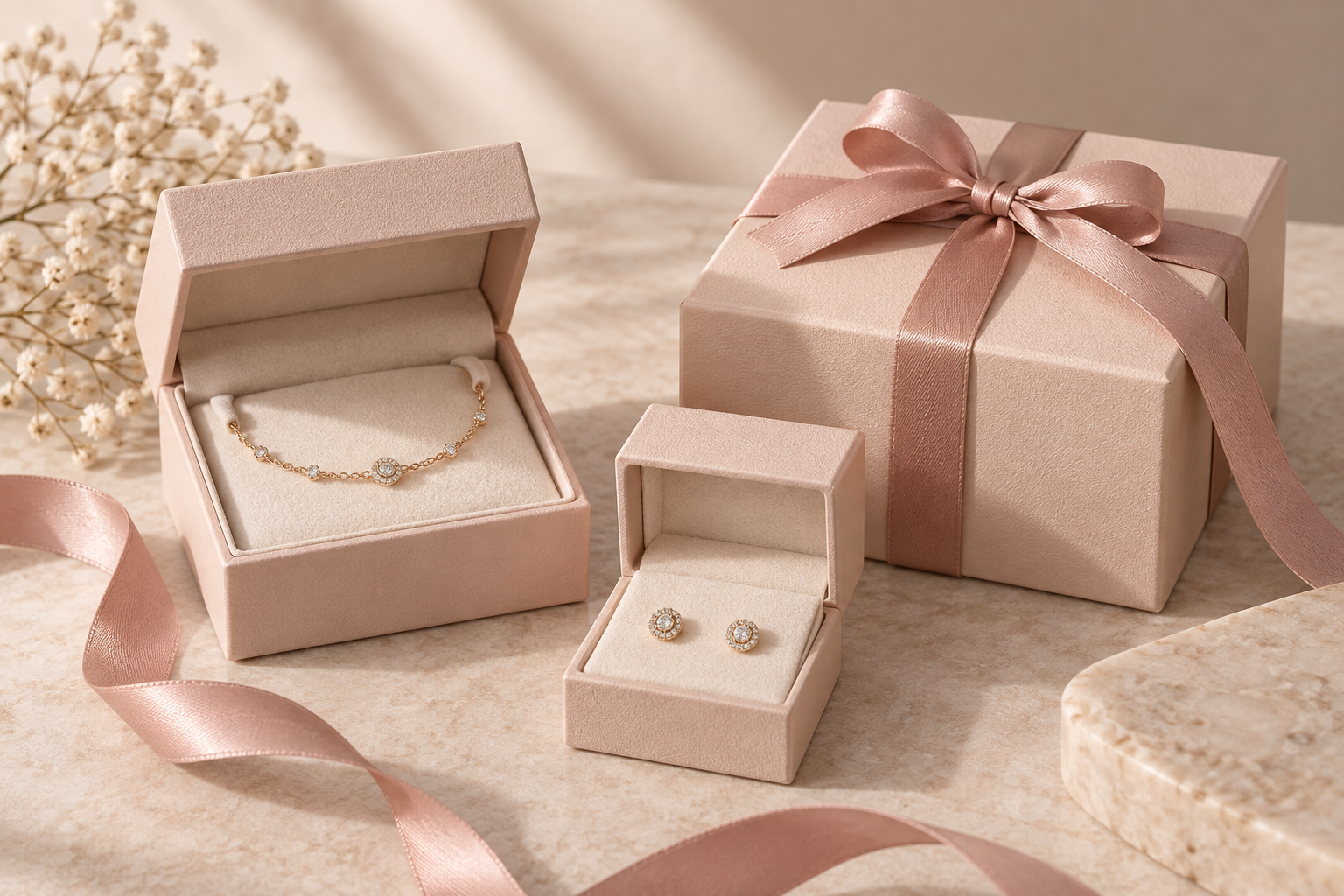 Anillos y cajas de joyería preparados para elegir una talla