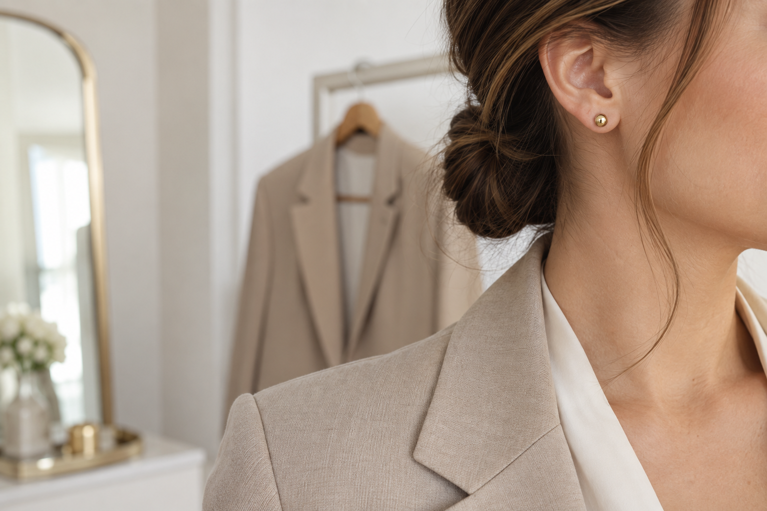 Aros dorados pequeños junto a un blazer neutro para una entrevista de trabajo