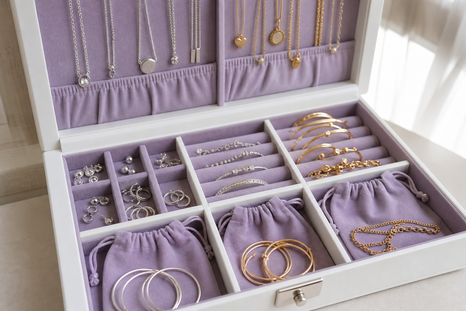 Joyas doradas y plateadas guardadas por separado en un joyero