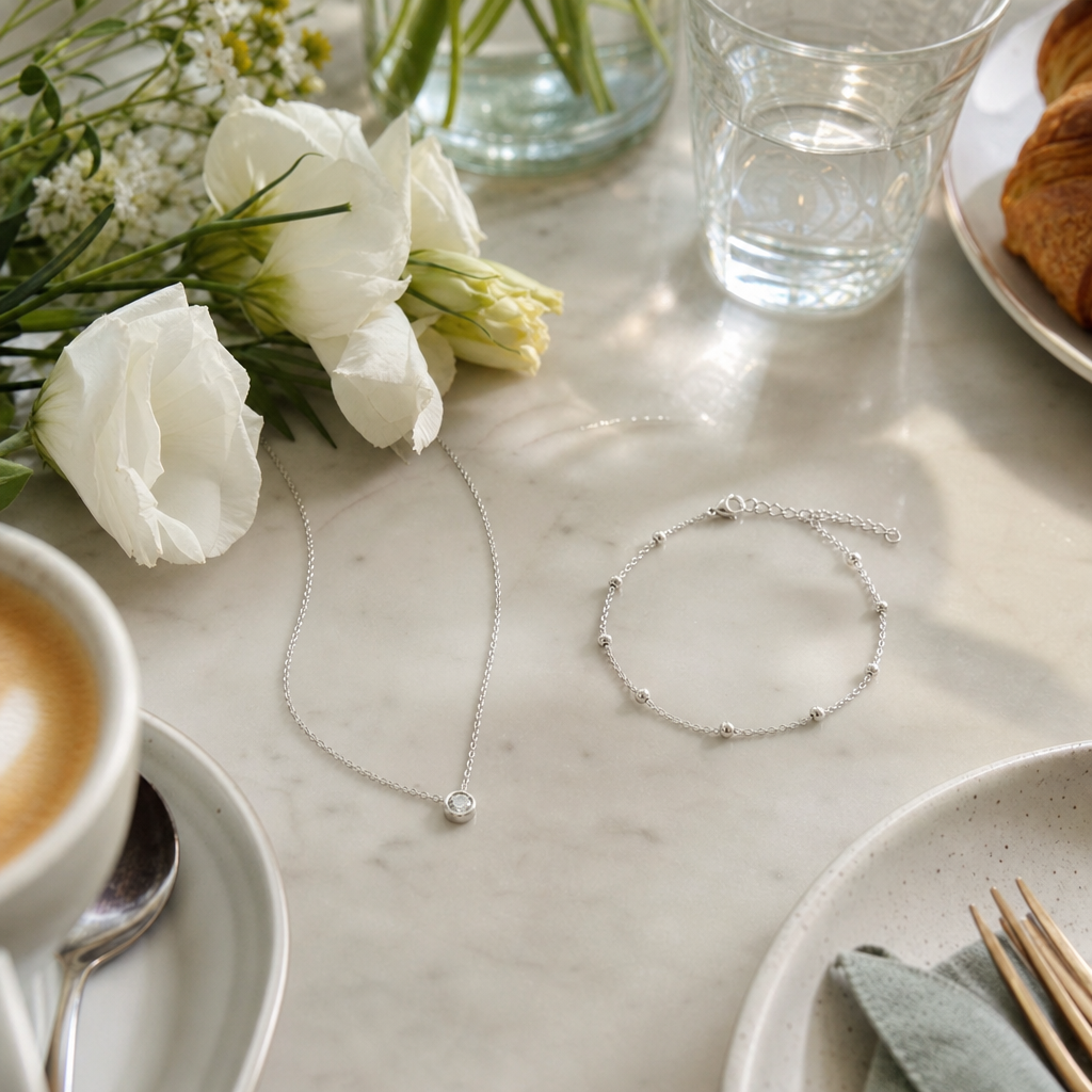 Collar plateado fino y pulsera delicada para un brunch