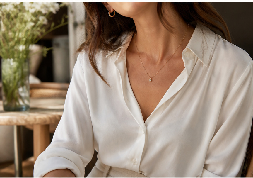Mujer con blusa blanca, aros pequeños dorados y collar delicado para una primera cita