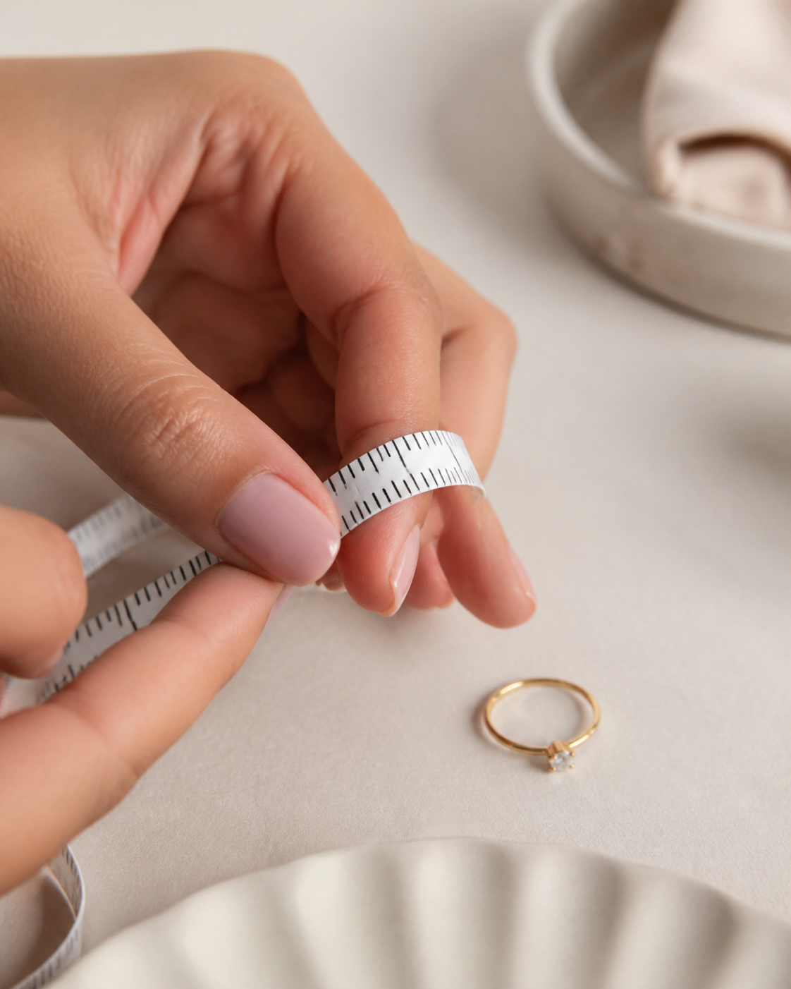 Mano midiendo un dedo para elegir la talla de un anillo