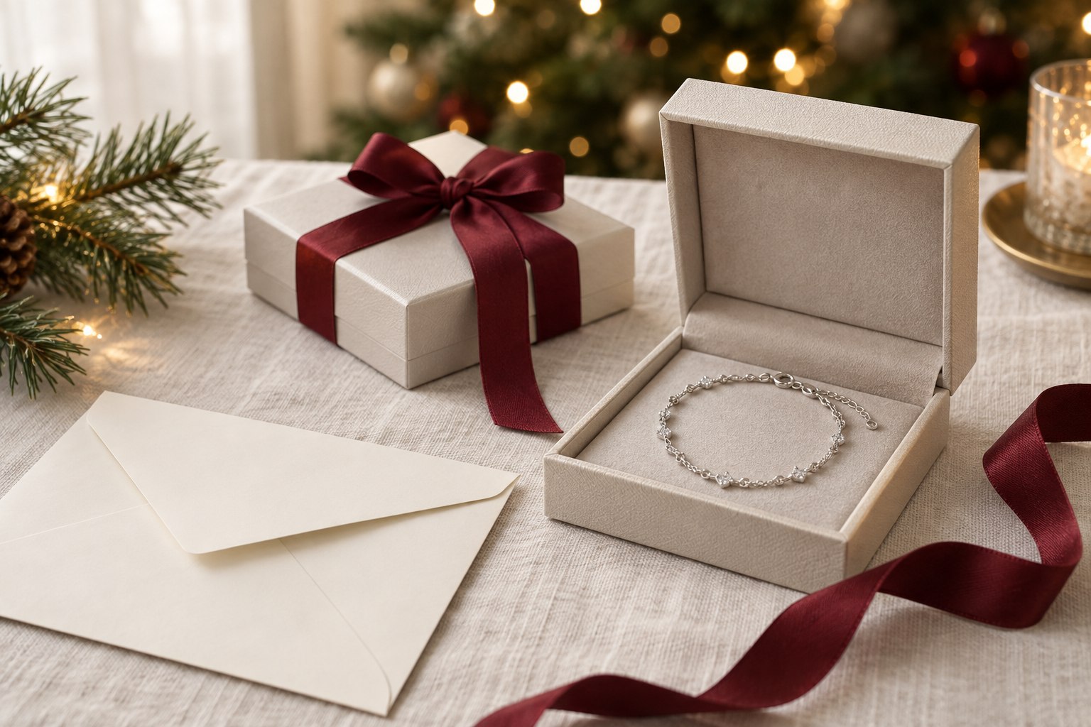 Pulsera plateada presentada en una caja de joyería junto a un envoltorio navideño