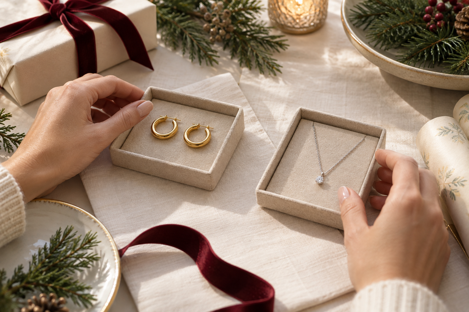 Manos comparando aros dorados y un collar plateado para elegir un regalo de Navidad