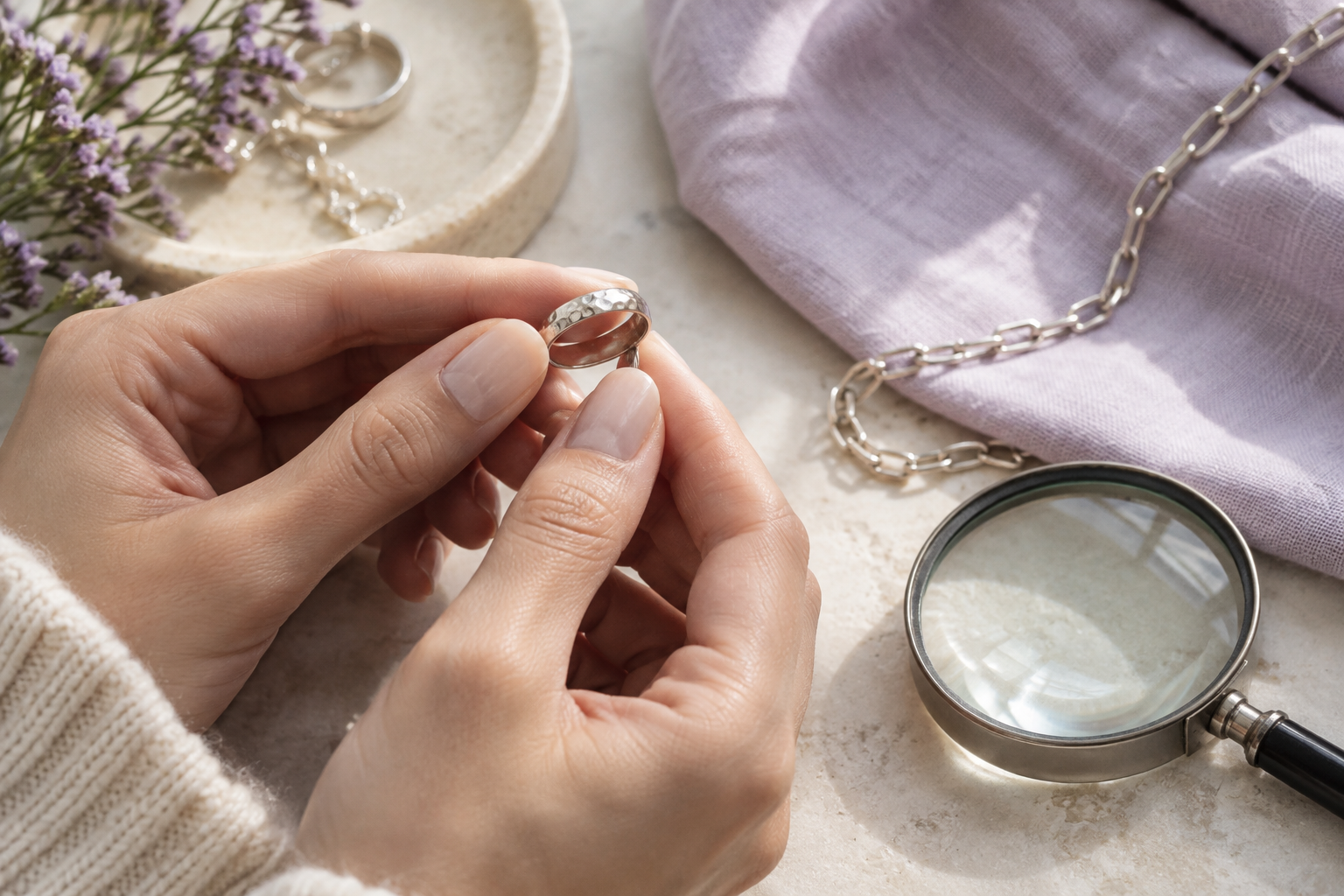 Manos revisando un anillo plateado junto a una cadena y una lupa sobre una mesa clara