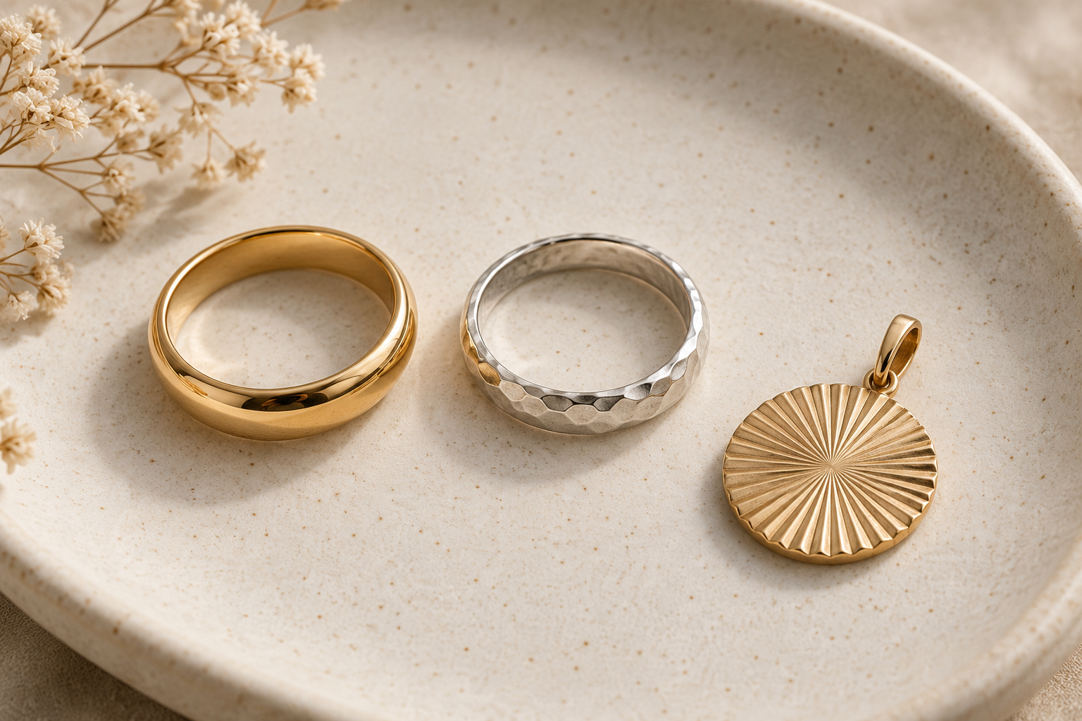 Anillos dorados lisos y martillados junto a un dije con relieve sobre cerámica clara