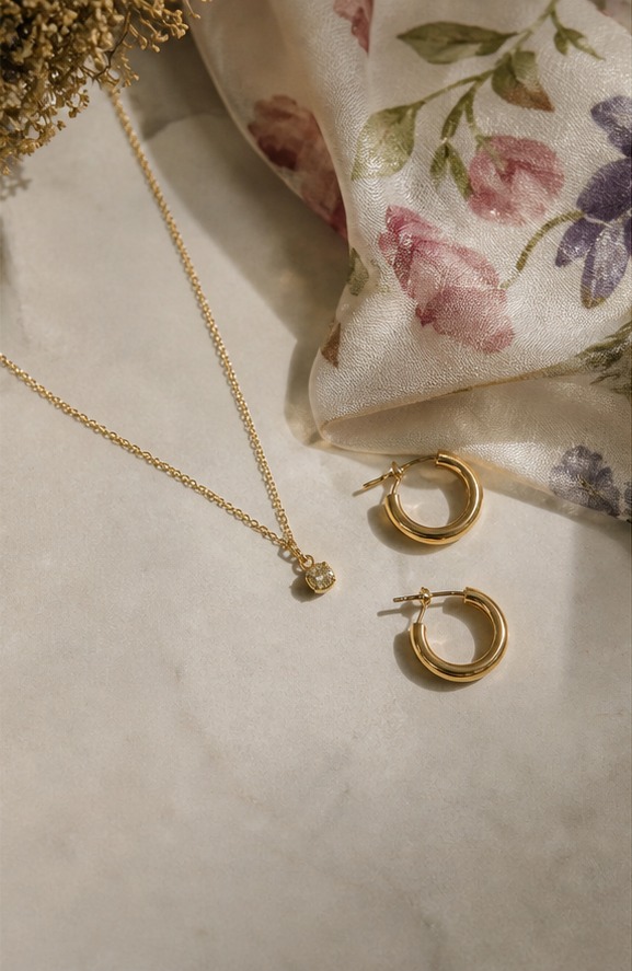 Argollas doradas y collar delicado sobre tela con estampado floral