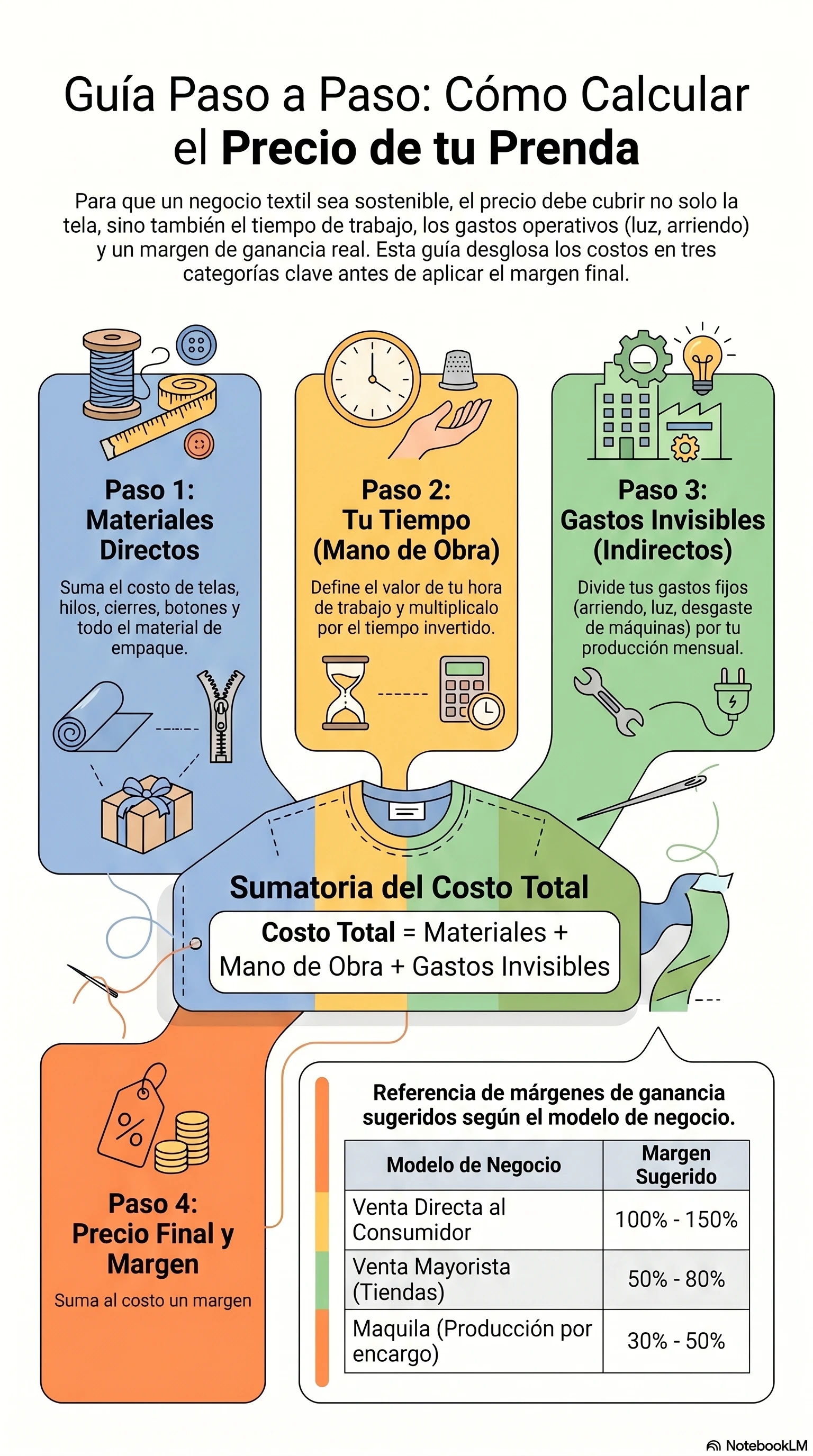 Infografía: Cómo calcular el precio de una prenda en 4 pasos — Materiales, Mano de Obra, Gastos Invisibles y Precio Final con margen de ganancia