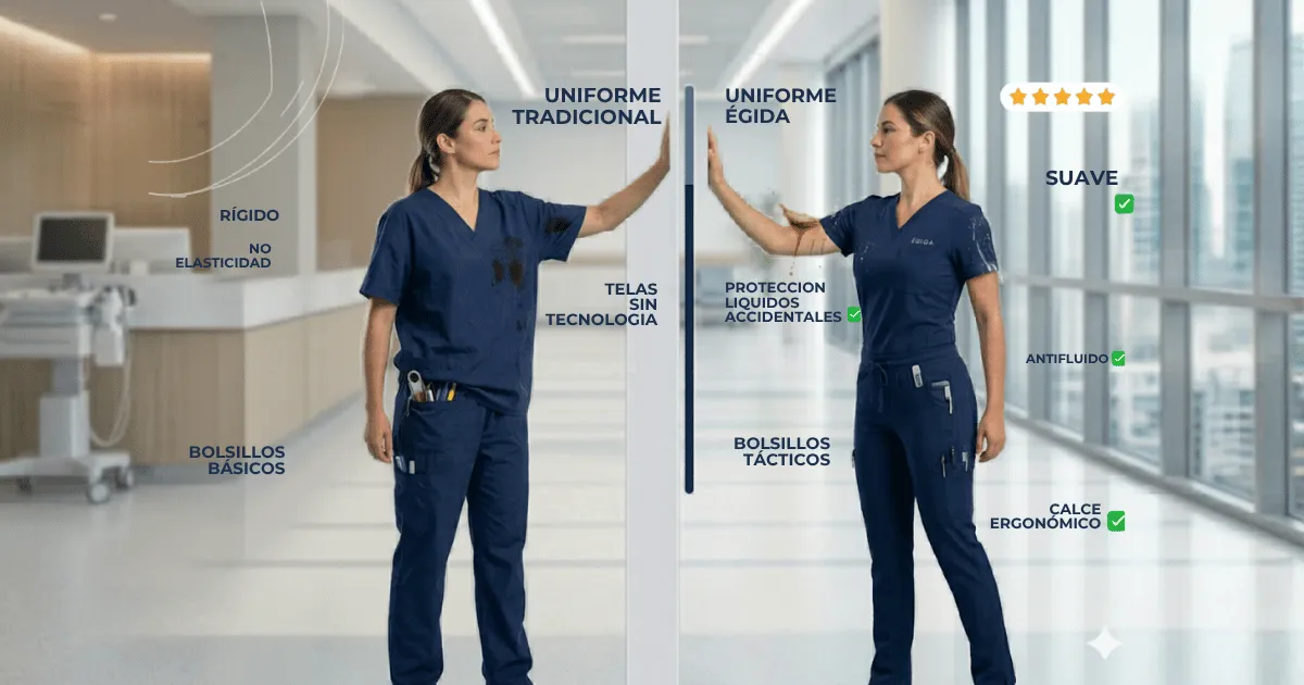 Infografía comparativa en formato 4:3 entre un uniforme tradicional rígido con manchas y un uniforme clínico Égida elástico, antifluido y de calce ergonómico.