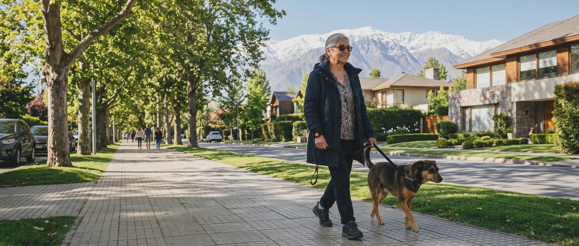 Mujer mayor paseando a su perro por la vereda de su barrio