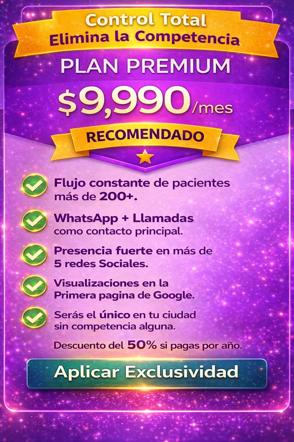 Plan Premium de marketing y SEO con exclusividad por ciudad para clínicas dentales