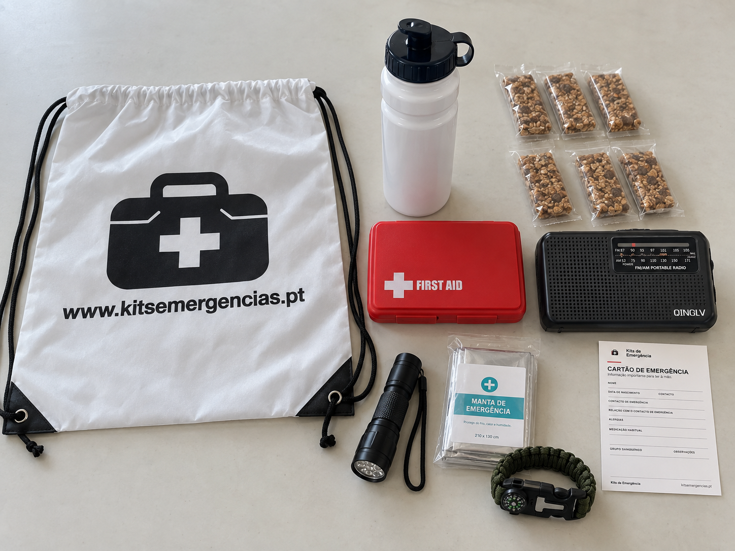 Kit Básico de Emergência aberto com os artigos incluídos
