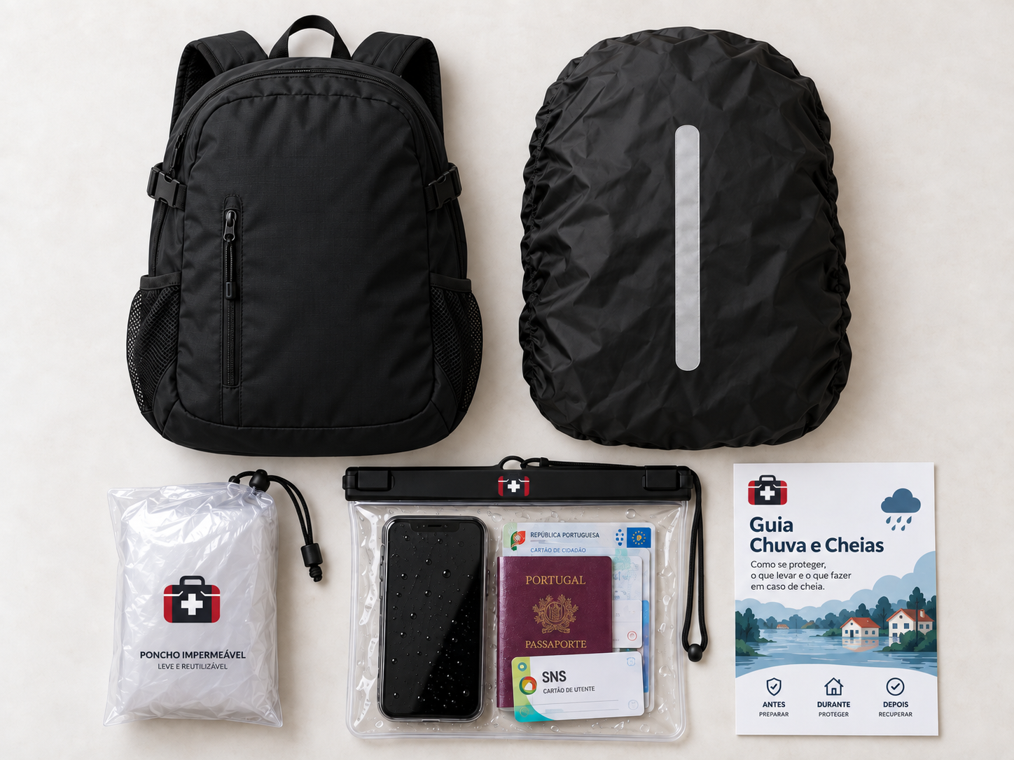 Capa de chuva, poncho e bolsa impermeável para complementar uma mochila de evacuação