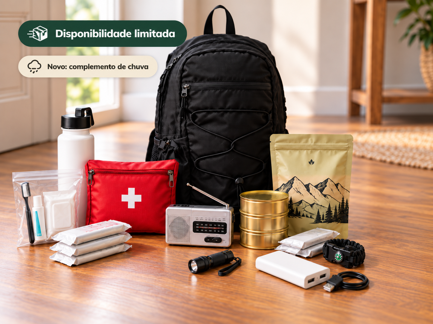 Mochila de Evacuação 72 Horas com o conteúdo organizado