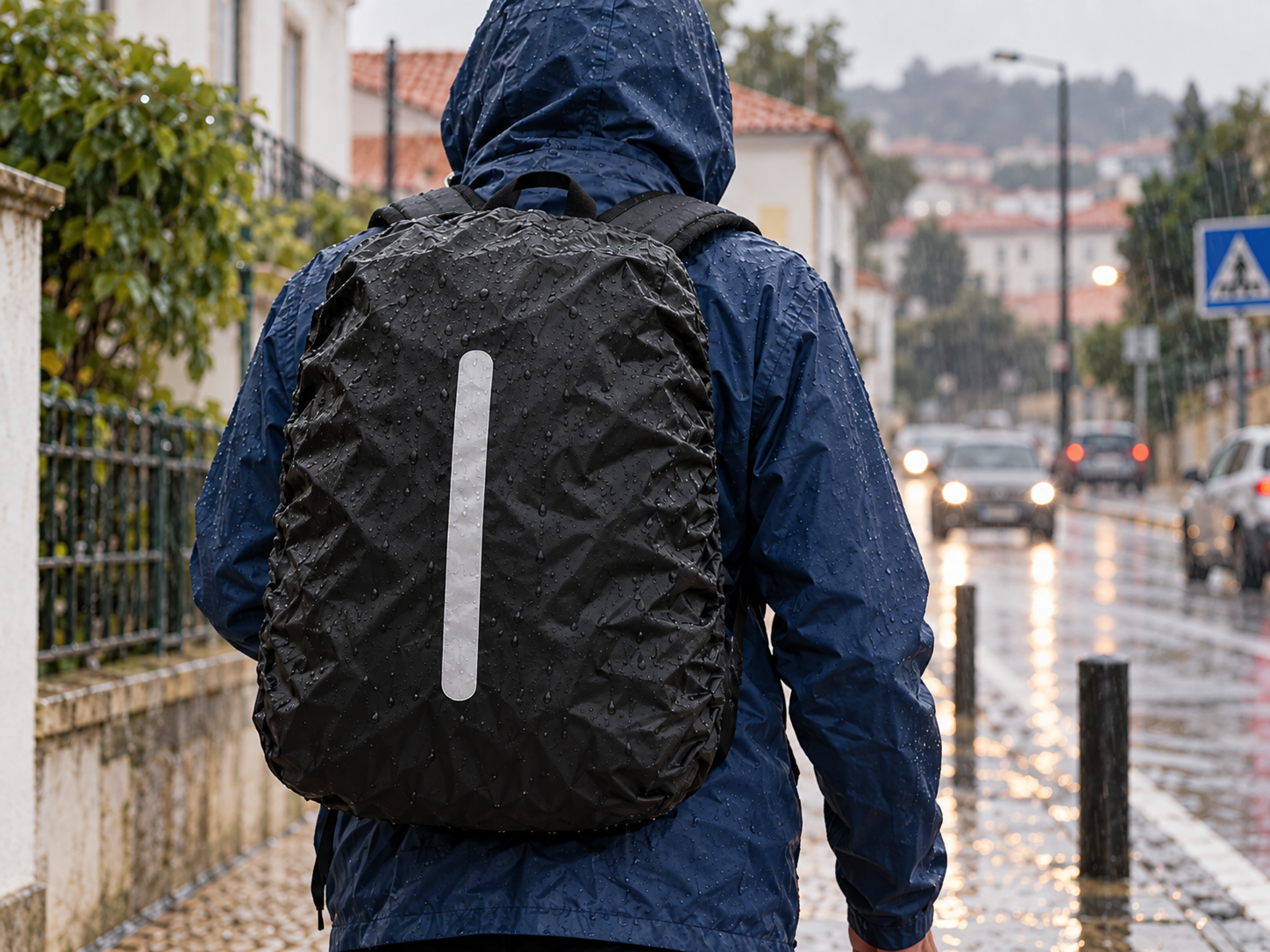 Pessoa com mochila protegida por capa de chuva com elemento refletor