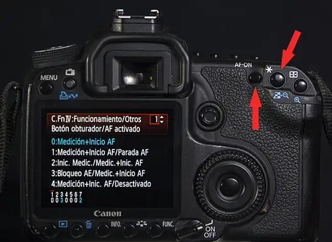 Cámara Canon mostrando el botón AF-ON para activar el enfoque automático (AF) en la cámara.