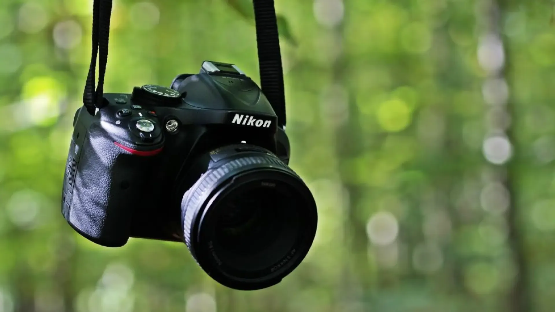 Cámara digital Nikon colgante en un entorno natural, ilustrando Qué es una Cámara Digital y cómo funciona en fotografía real.