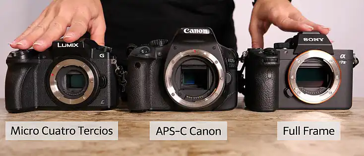 Comparativa entre cámaras con diferentes tamaños de sensor: Micro Cuatro Tercios, APS-C (Canon) y Full Frame (Sony), mostrando las diferencias de tamaño de cada sensor