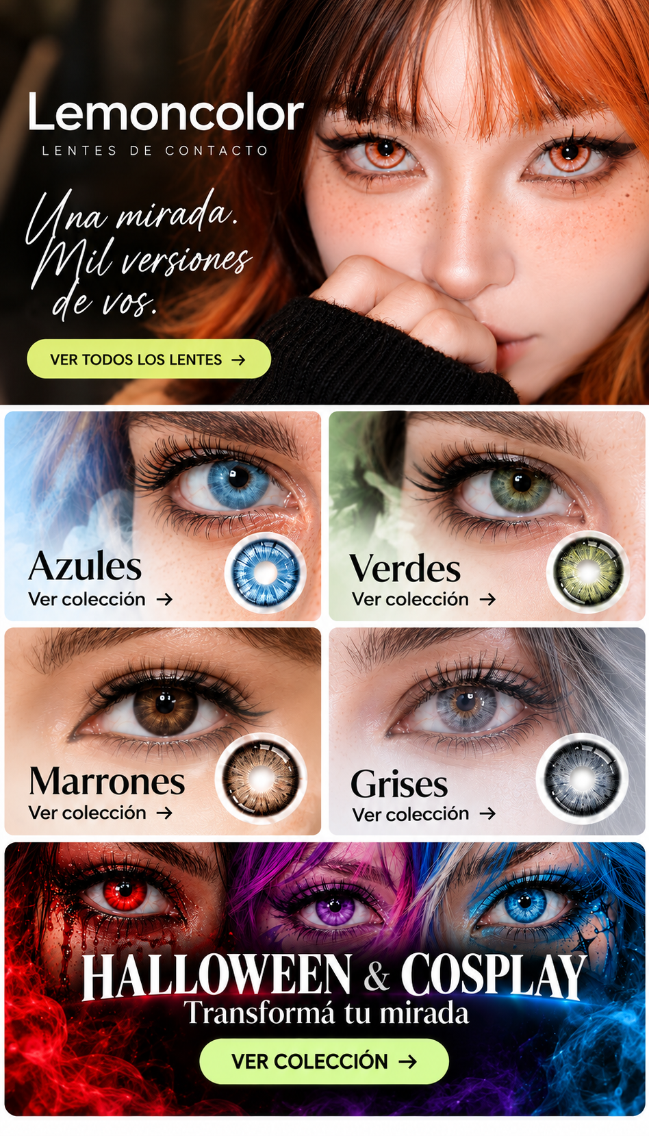 Lentes Lemoncolor azules verdes marrones grises Halloween y cosplay
