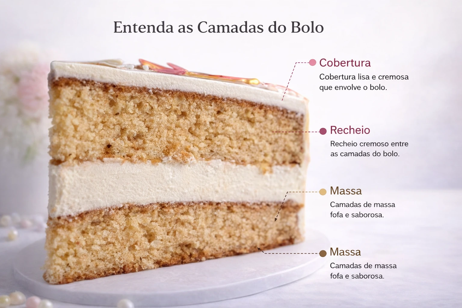 Camadas do bolo: massa, recheio, cobertura e mistura