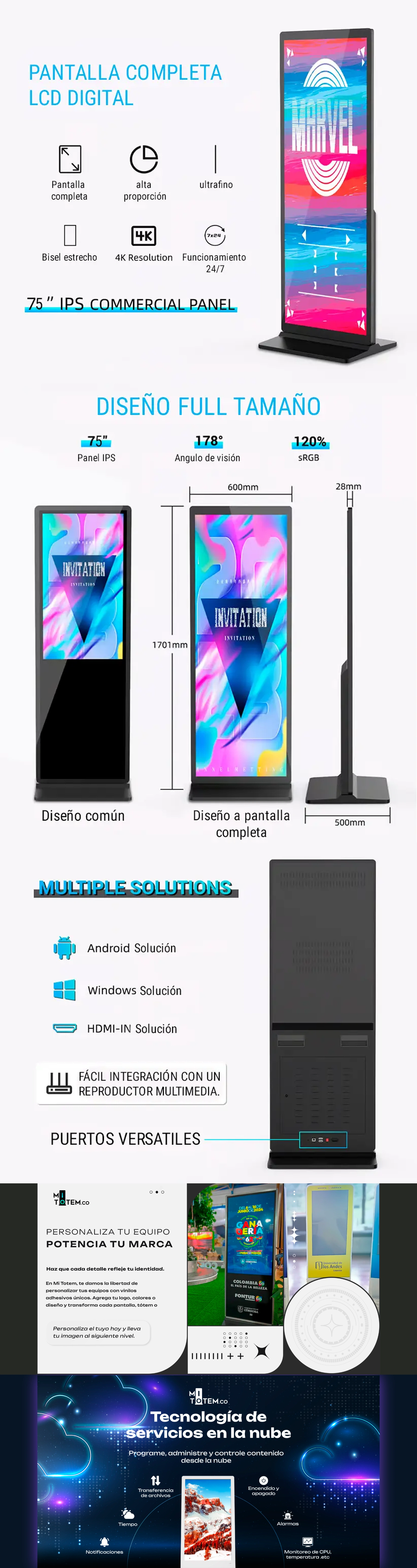 Tótem publicidad pantalla digital Tamaño completo interiror-caracteristicas