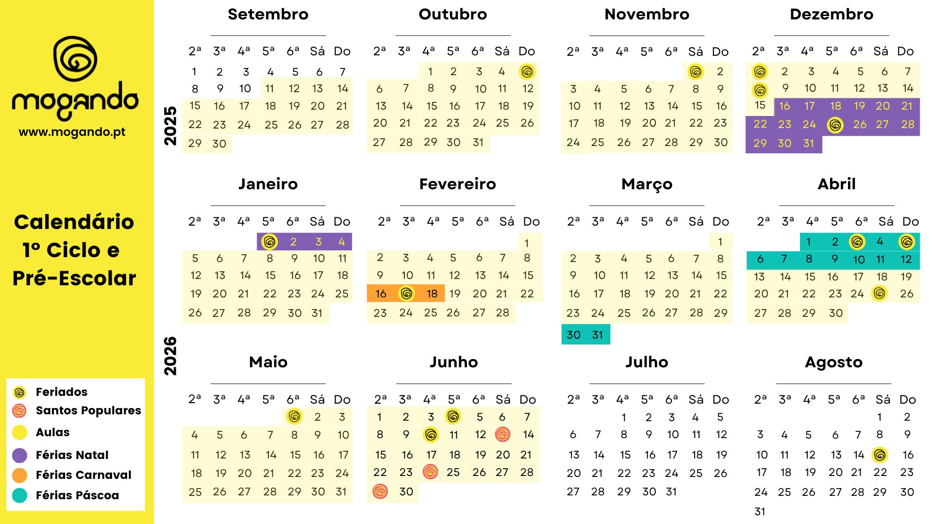 Calendário Escolar Ano Lectivo 2025-26 - 1º Ciclo e Pré-Escolar