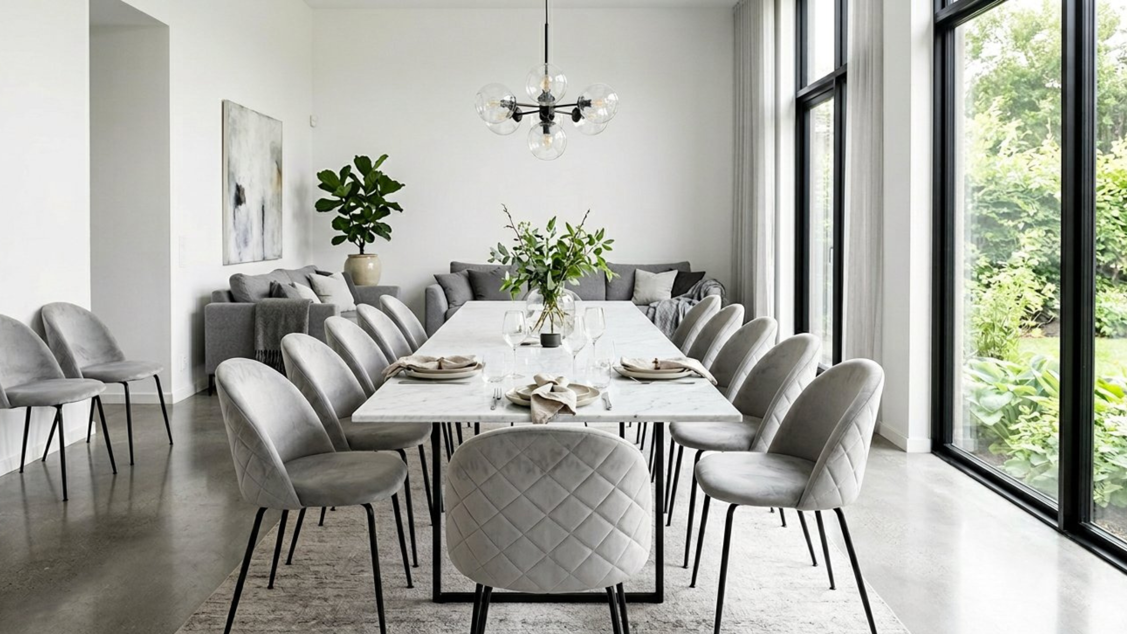 Comedor nórdico con mesa de mármol Carrara y sillas Nordland Gris patas negras
