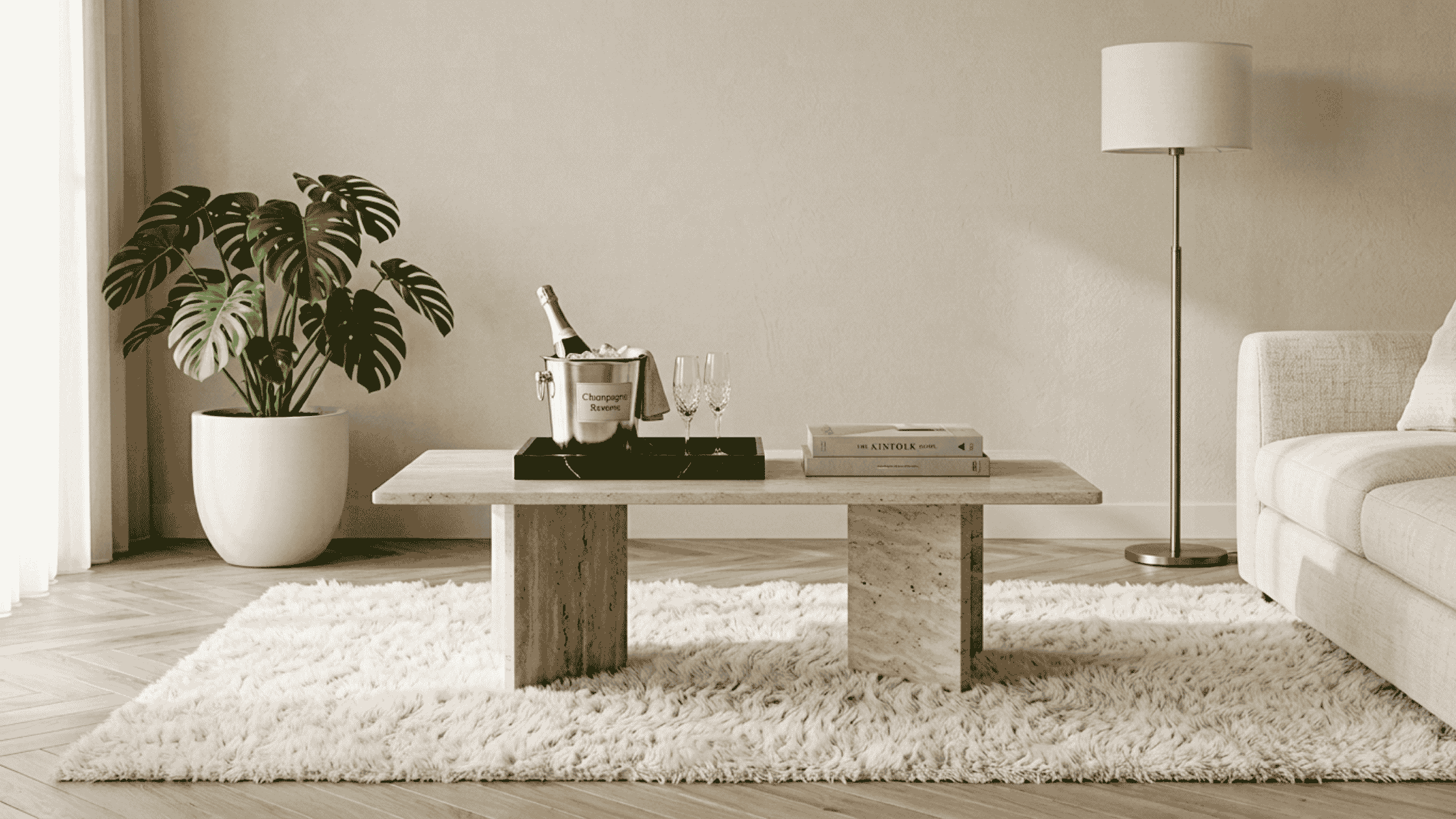 Mesa de centro de mármol en living decorado con sitial nórdico