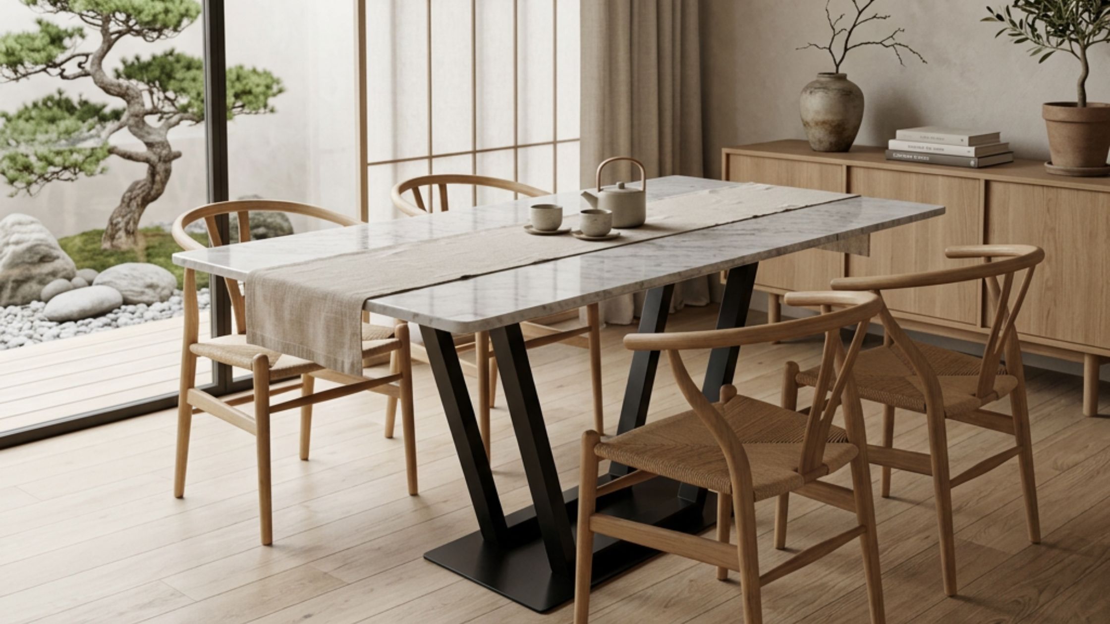 Comedor con 4 sillas Wishbone de madera en departamento pequeño - disponible en Nordeco