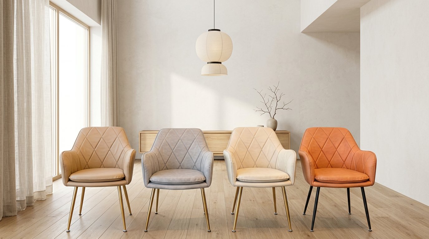 Cuatro sitiales de ecocuero de diseño nórdico en colores beige, gris, crema y terracota, ordenados de izquierda a derecha en un living minimalista estilo Japandi con luz natural y plantas.