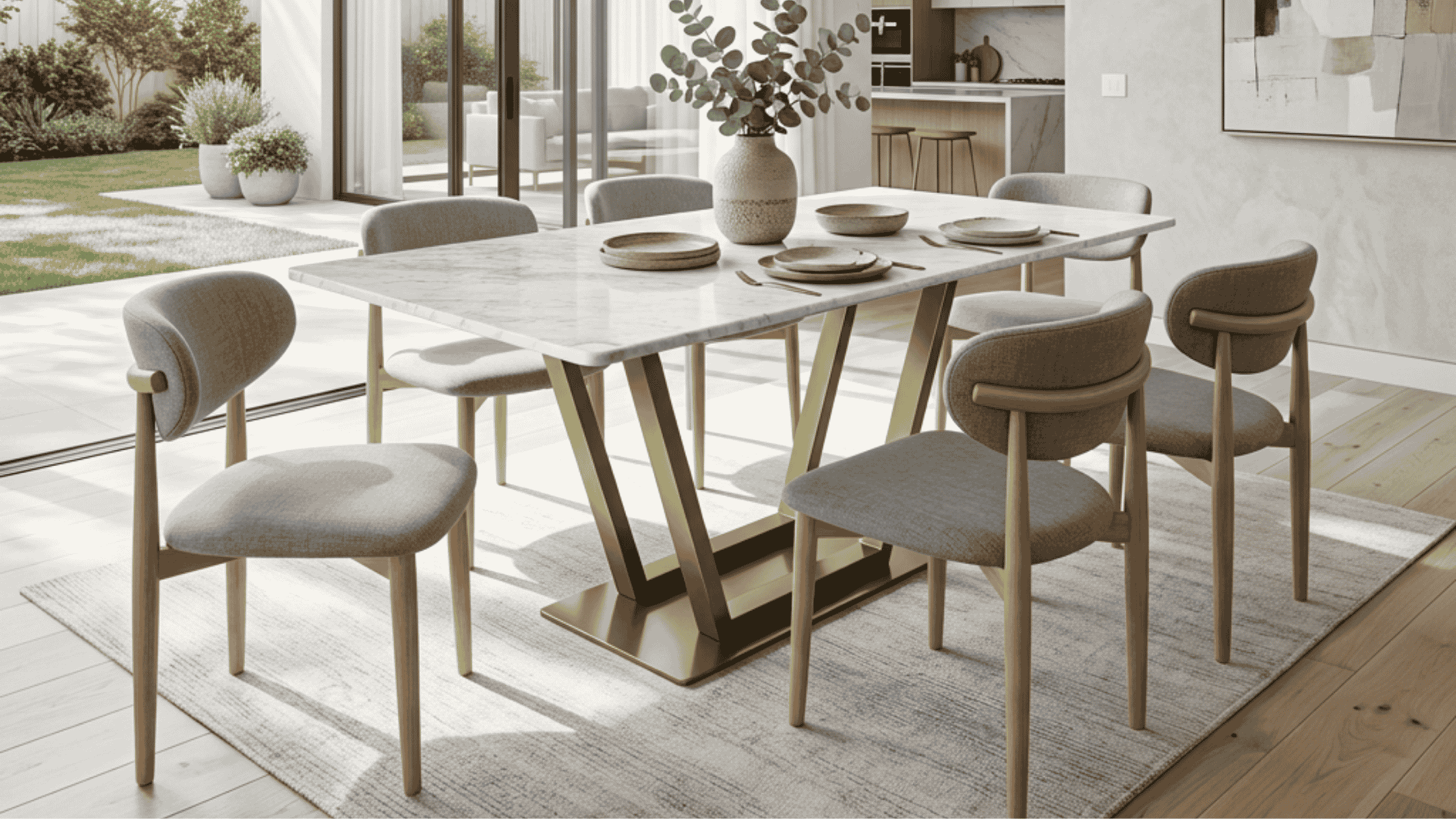 Comedor 6 sillas Asgard Ebbe Tela con mesa de mármol Carrara y sillas nórdicas en tela, diseño escandinavo