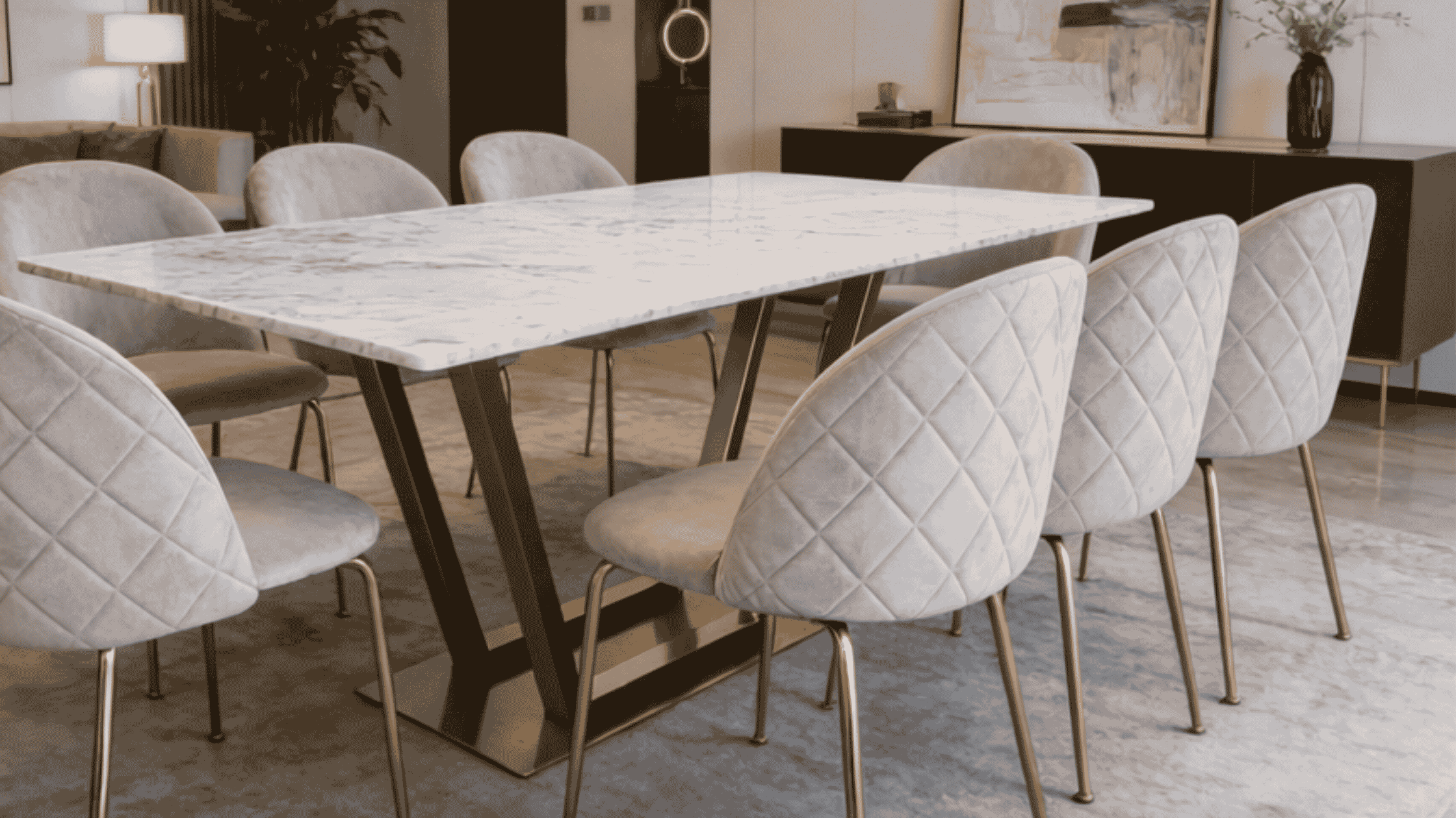 Comedor de mármol con 8 sillas de terciopelo, diseño nórdico