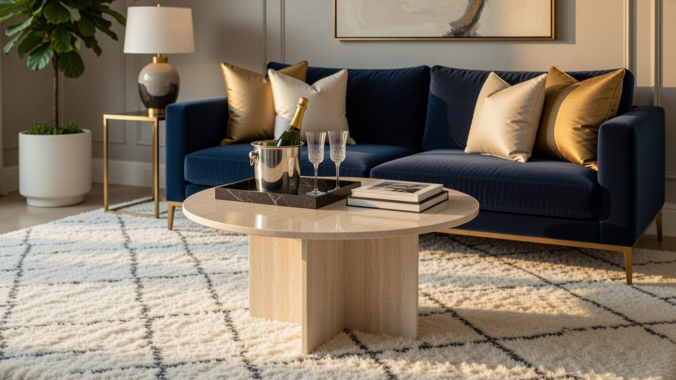 Mesa de centro de mármol blanco con base de madera nórdica en living minimalista