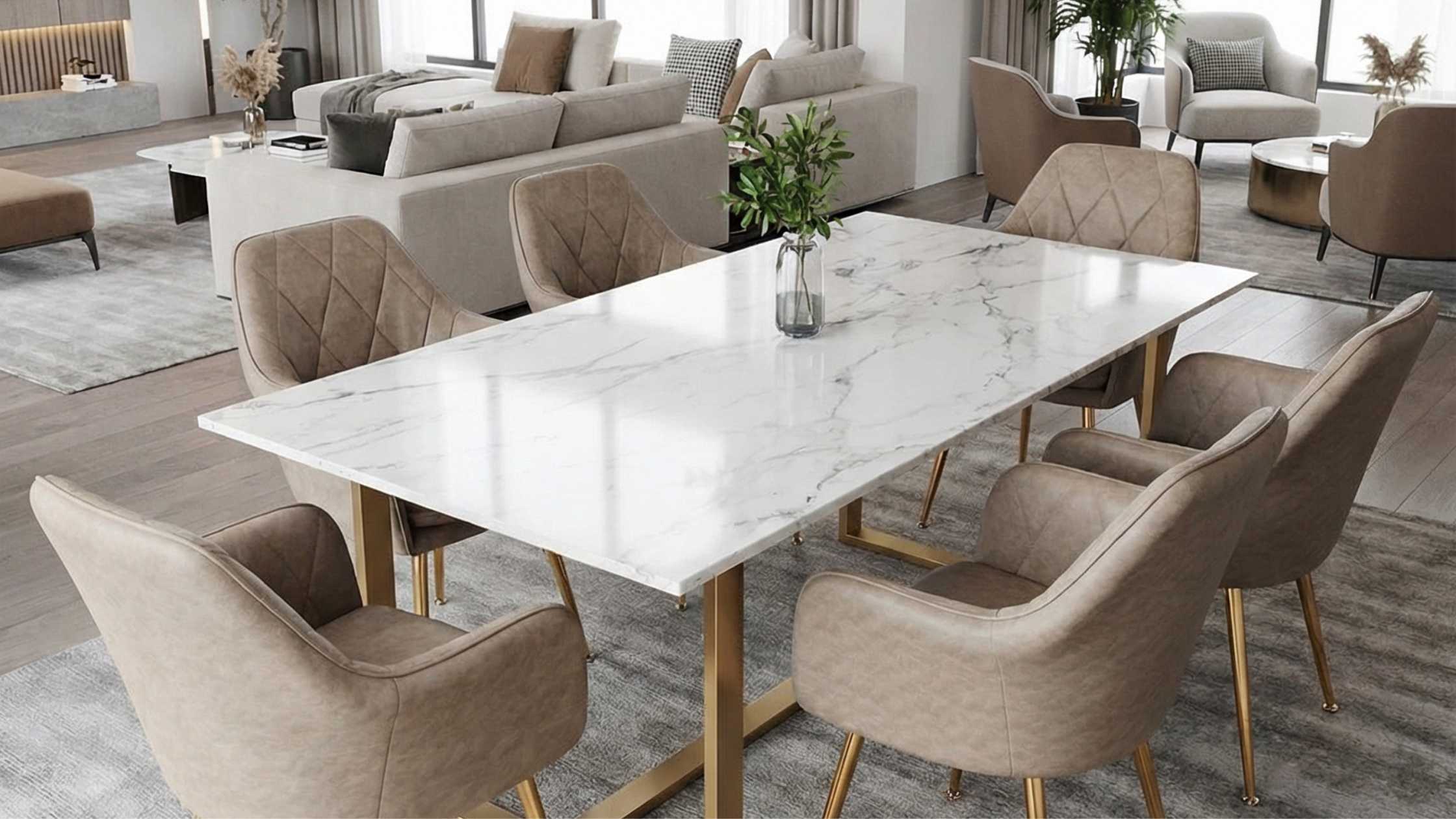 Mesa de comedor de mármol con sitiales de ecocuero estilo nórdico