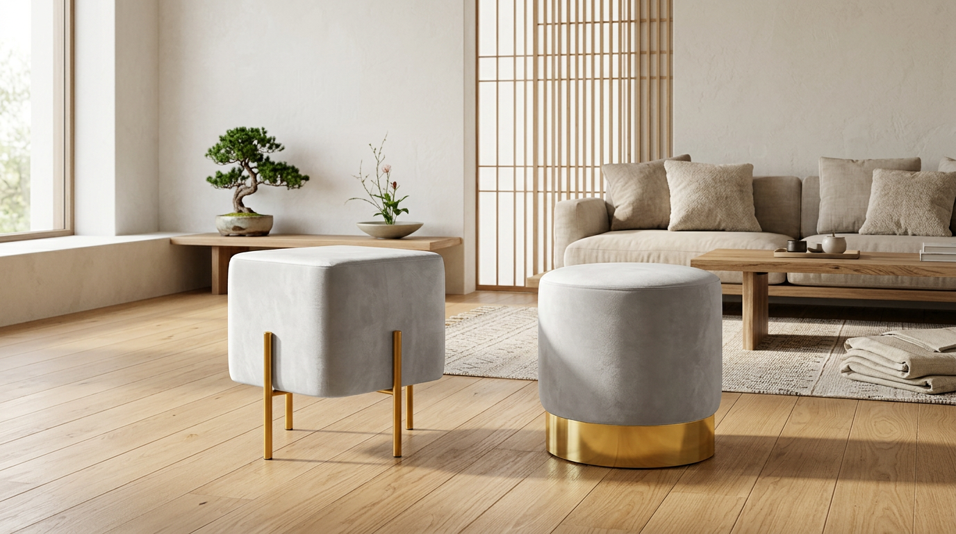 Puff cuadrado blanco con patas doradas y puff redondo blanco con base dorada, en ambiente estilo Japandi