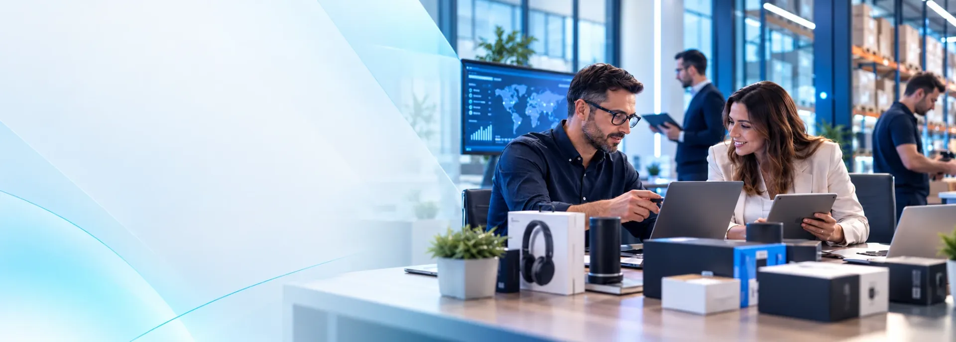 Equipo de trabajo revisando tecnología y productos en una oficina moderna