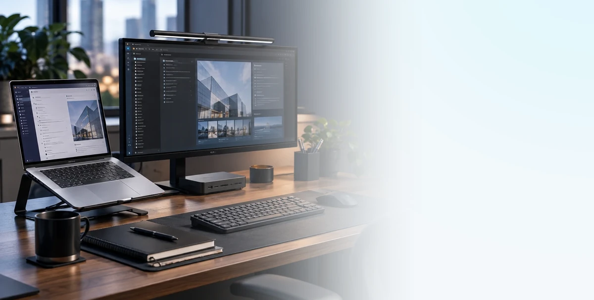 Escritorio de trabajo con notebook, monitor, teclado y mouse