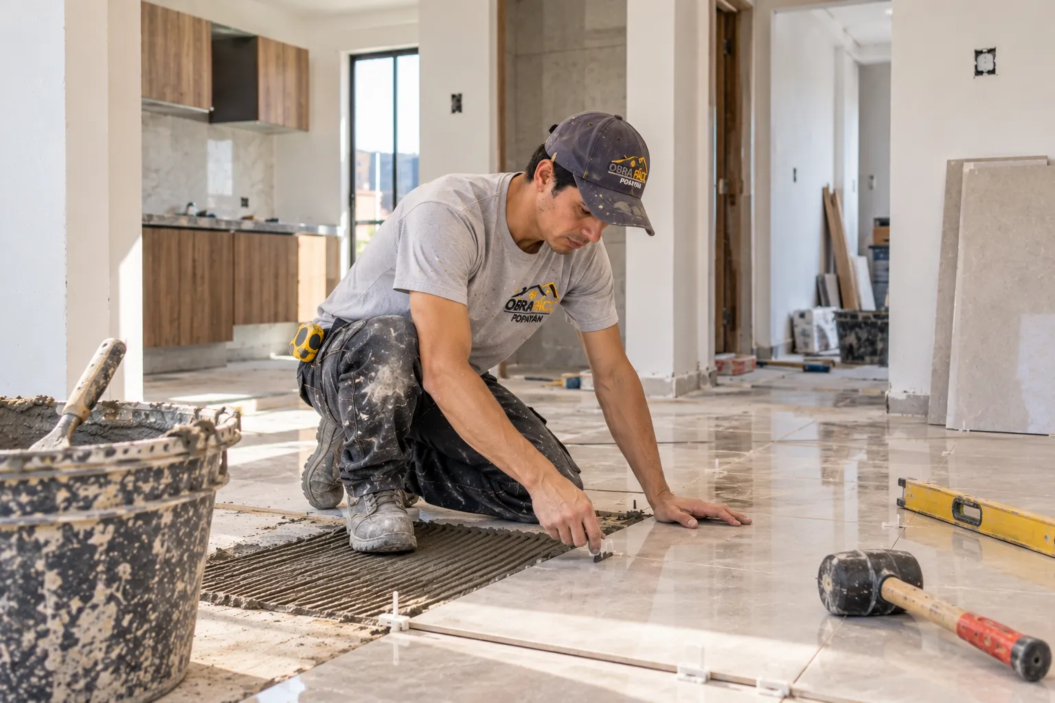 Instalación de piso en porcelanato durante remodelación en Popayán