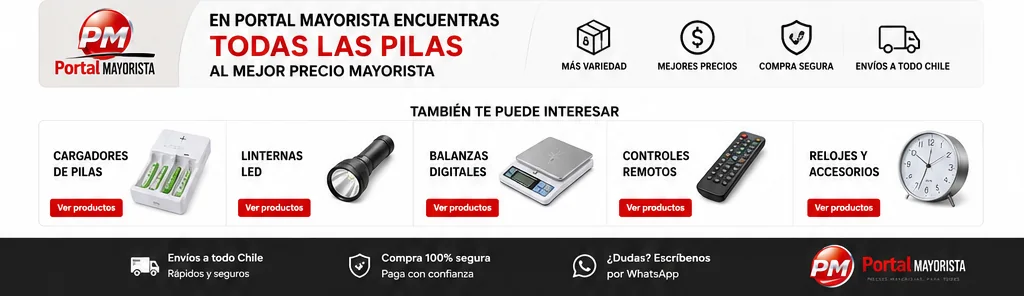 En Portal Mayorista encuentras todas las pilas al mejor precio mayorista con envíos a todo Chile